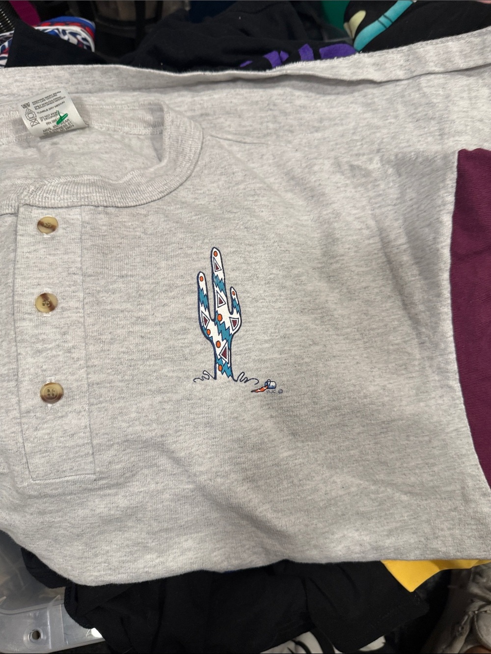Kids' Grey Henley Top with Colorful Cactus Graphic